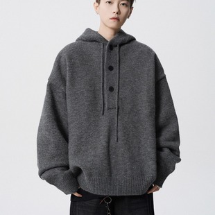 美式复古灰色连帽毛衣男秋冬季潮牌慵懒高级感cleanfit针织衫外套