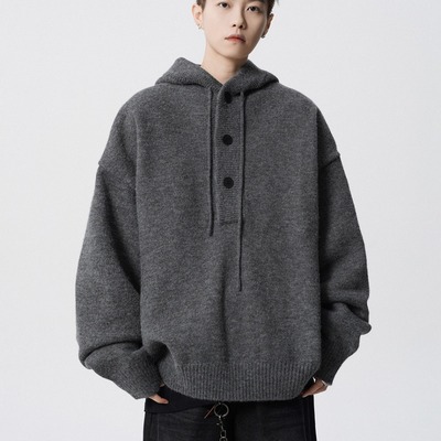 美式复古灰色连帽毛衣男秋冬季潮牌慵懒高级感cleanfit针织衫外套