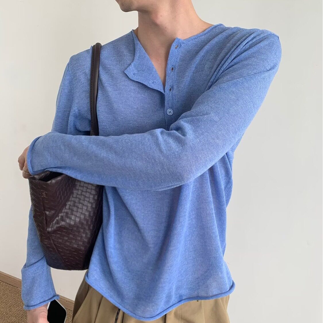 舒适系列轻薄卷边长袖T恤亨利领薄款防晒上衣男女宽松休闲针织衫