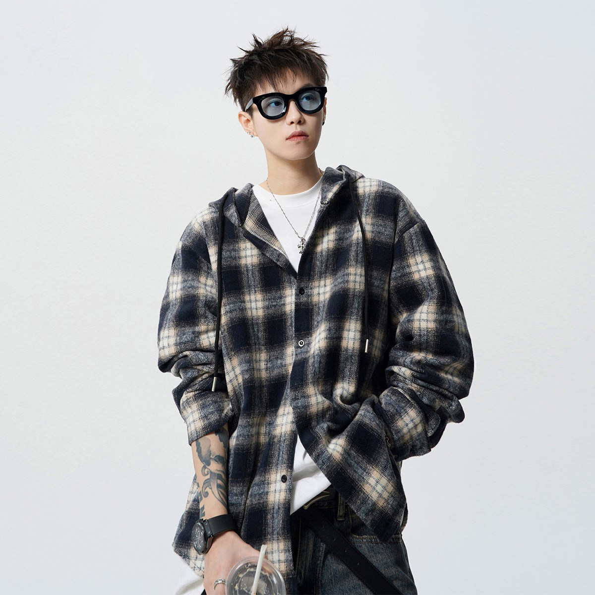 美式潮牌连帽格子衬衫男春复古