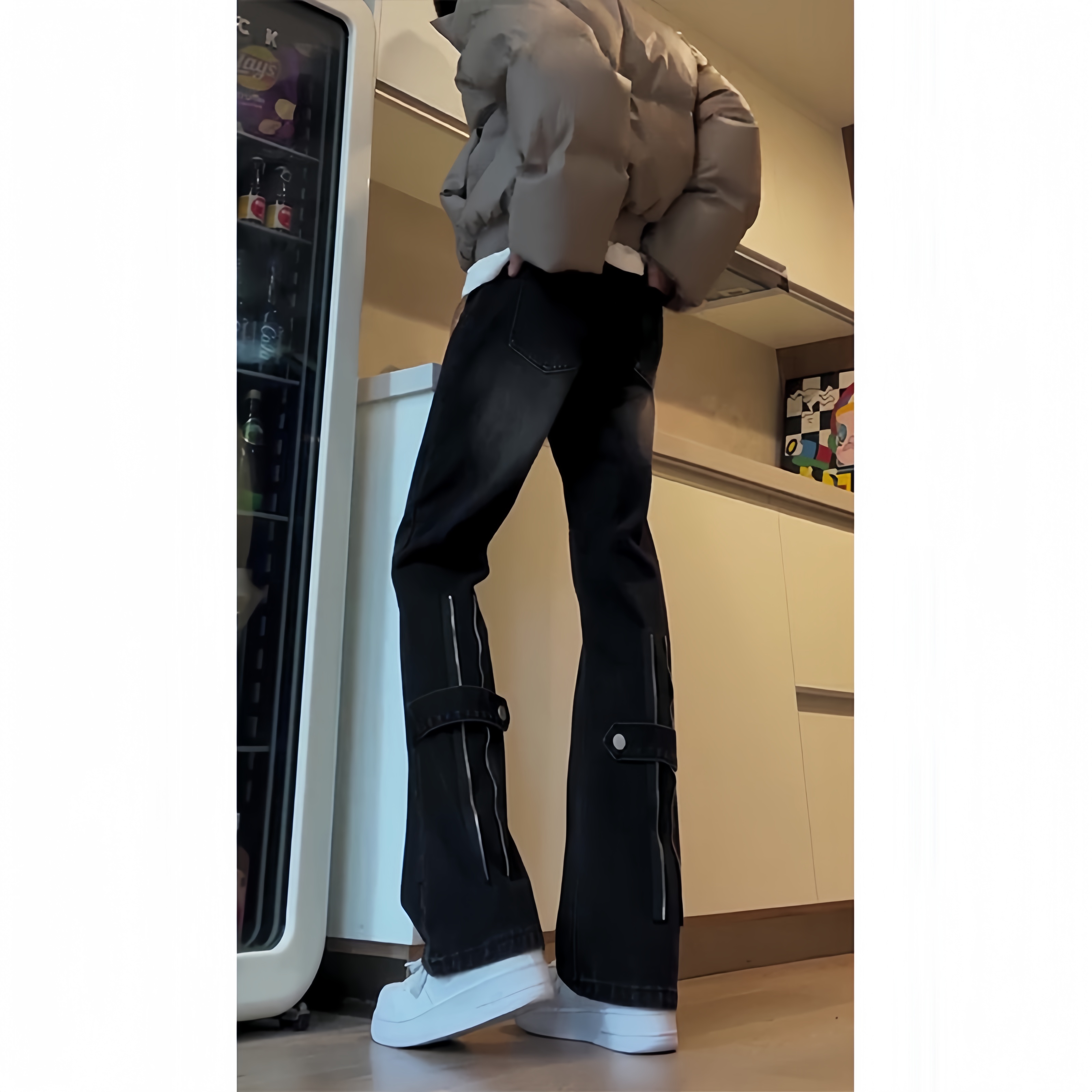 黑灰色微辣喇牛仔裤男直筒工装裤