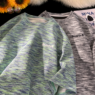 oversize华夫格刺绣重磅短袖男生t恤夏季潮牌潮流大码圆领七分袖