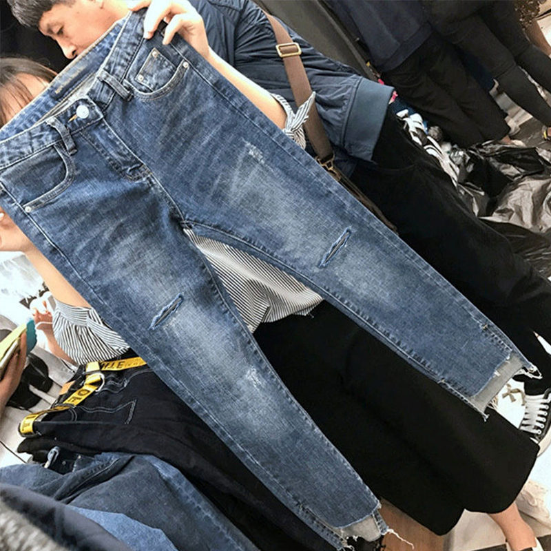 2025夏季薄款破洞牛仔裤女直筒显瘦九分弹力开叉八分小个子烟管裤