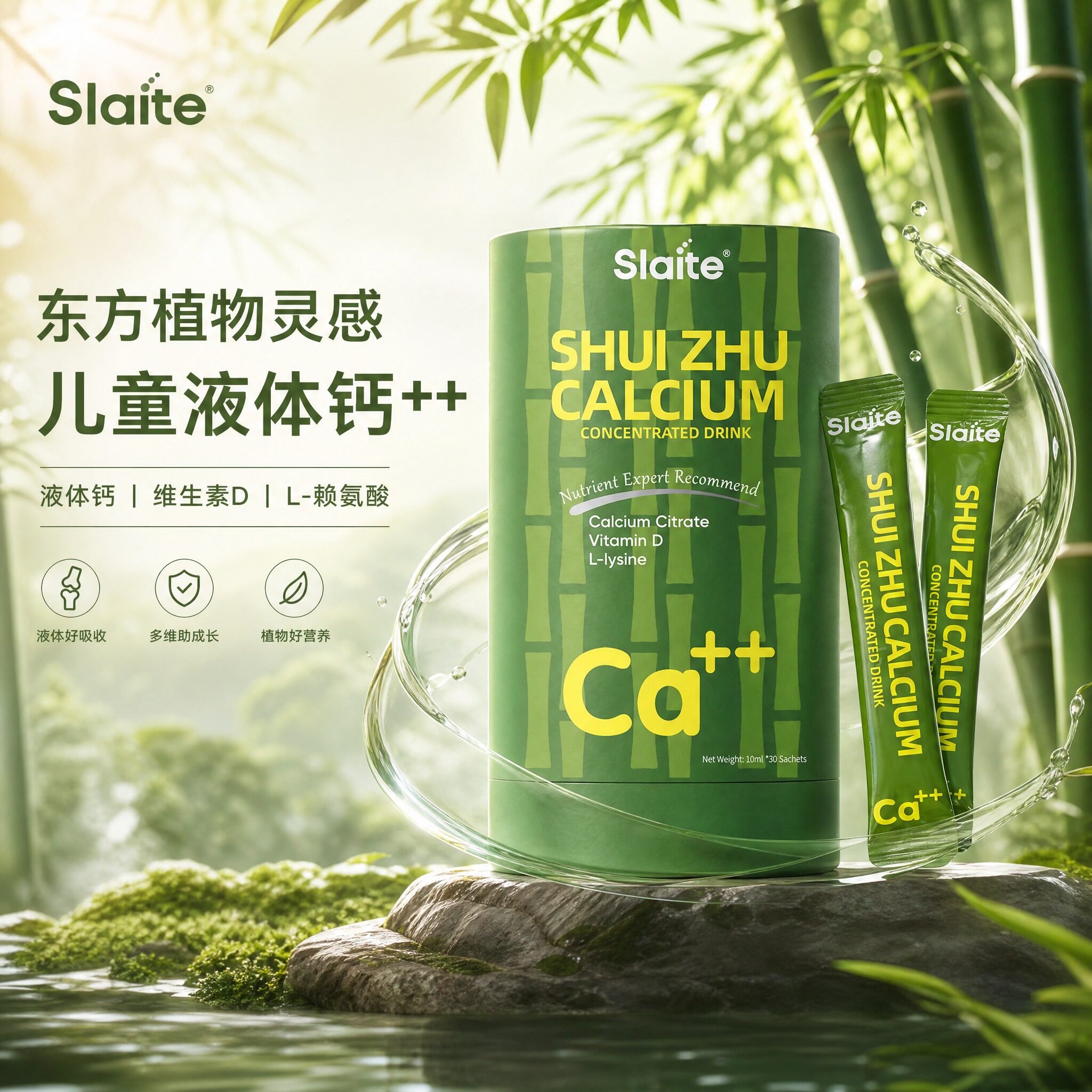 slaite新西特水竹钙美国进口赖氨酸钙儿童钙婴幼儿D3有机液体钙