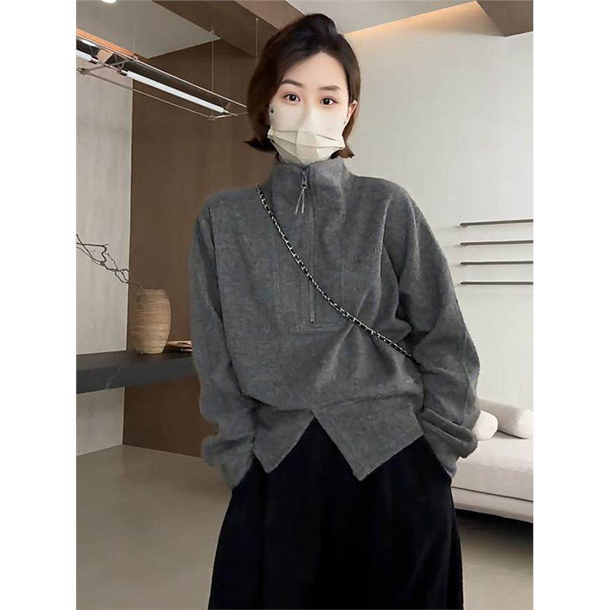 大码松弛感立领半拉炼套头卫衣女秋季胖mm宽松巨显瘦内搭外穿上衣