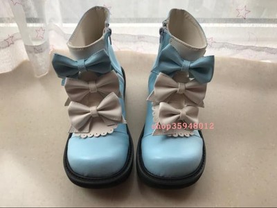 高帮蝴蝶结蓝色圆头鞋