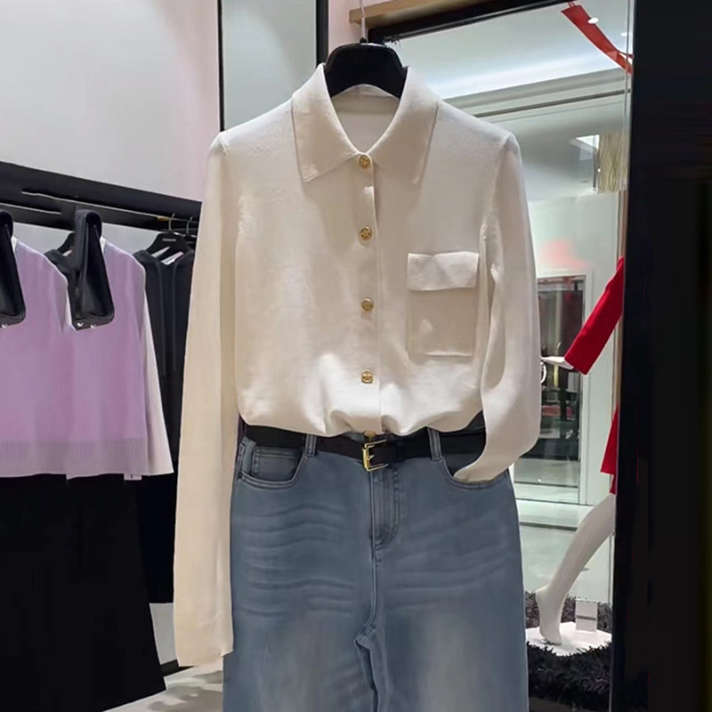 正品哥家新款2026早春气质polo翻领口袋羊毛针织开衫女衬衫上衣