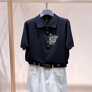 哥家2026夏装新款polo领小猫刺绣冰丝针织衫短袖T恤女上衣