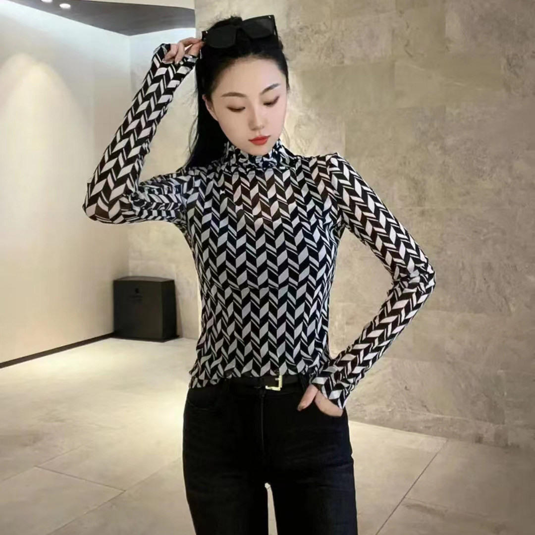 高领泫雅网纱衣打底衫长袖T恤女