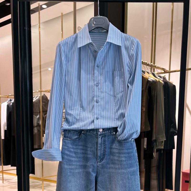 正品哥家新款2026秋季竖条纹修身显瘦长袖衬衫女装百搭通勤衬衣