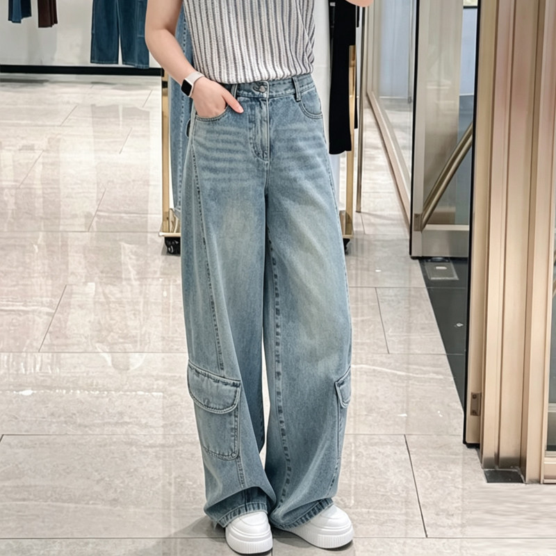 正品哥家新款2026秋季工装风高腰显瘦阔腿牛仔裤女大口袋垂感长裤