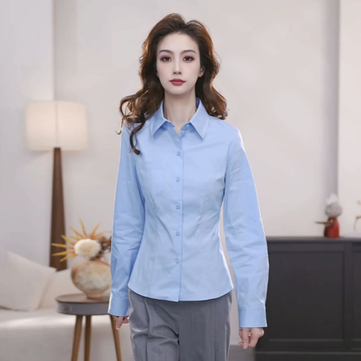 正品哥家新款2026秋季通勤海盐蓝色衬衫女装修身显瘦长袖翻领衬衣