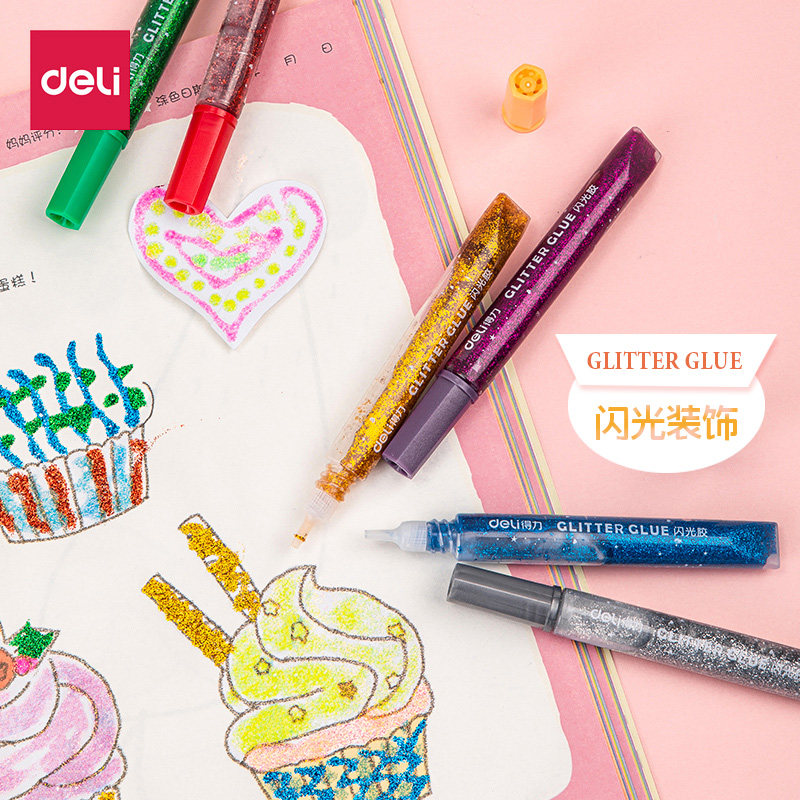 lj得力闪光胶儿童画画涂色颜料6支装金葱胶水闪光胶水儿童胶水金粉胶儿童画胶手工diy珠光金粉笔亮片