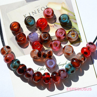 14MM透明彩色亚克力豹纹印花大孔扁珠子diy饰品配件包包编织配珠