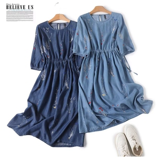 外贸女装2025夏季新款田园绣花天丝连衣裙女薄款透气小个子牛仔裙