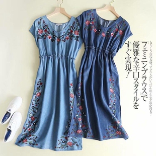 文艺花卉刺绣天丝连衣裙薄款 新款 收腰显瘦牛仔裙 2019夏季 外贸女装