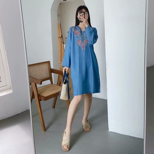 文艺彩色刺绣天丝连衣裙薄款 新款 宽松透气牛仔裙 2020夏季 外贸女装