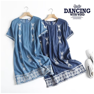 外贸女装2022夏季新款圆领刺绣天丝连衣裙薄款透气小个子牛仔短裙