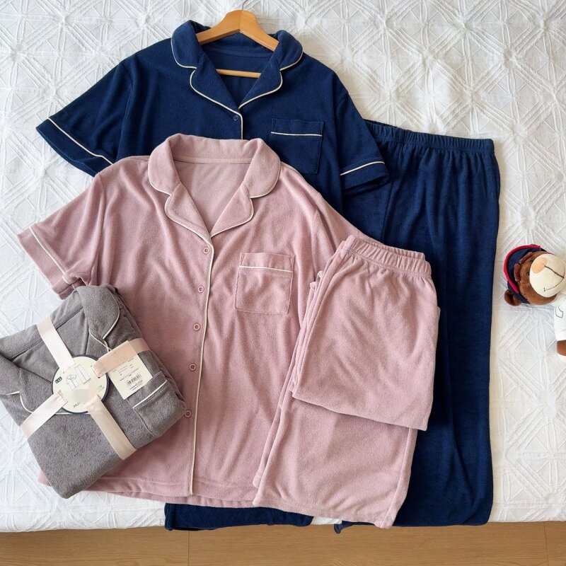 外贸日单tutu春秋经典简约睡衣女短袖长裤家居服套装毛巾布 包邮