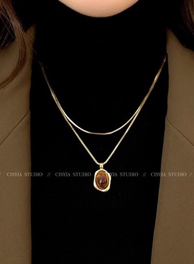 爆款琥珀叠戴金色毛衣项链女生2024秋冬新款轻奢高级感小众毛衣链