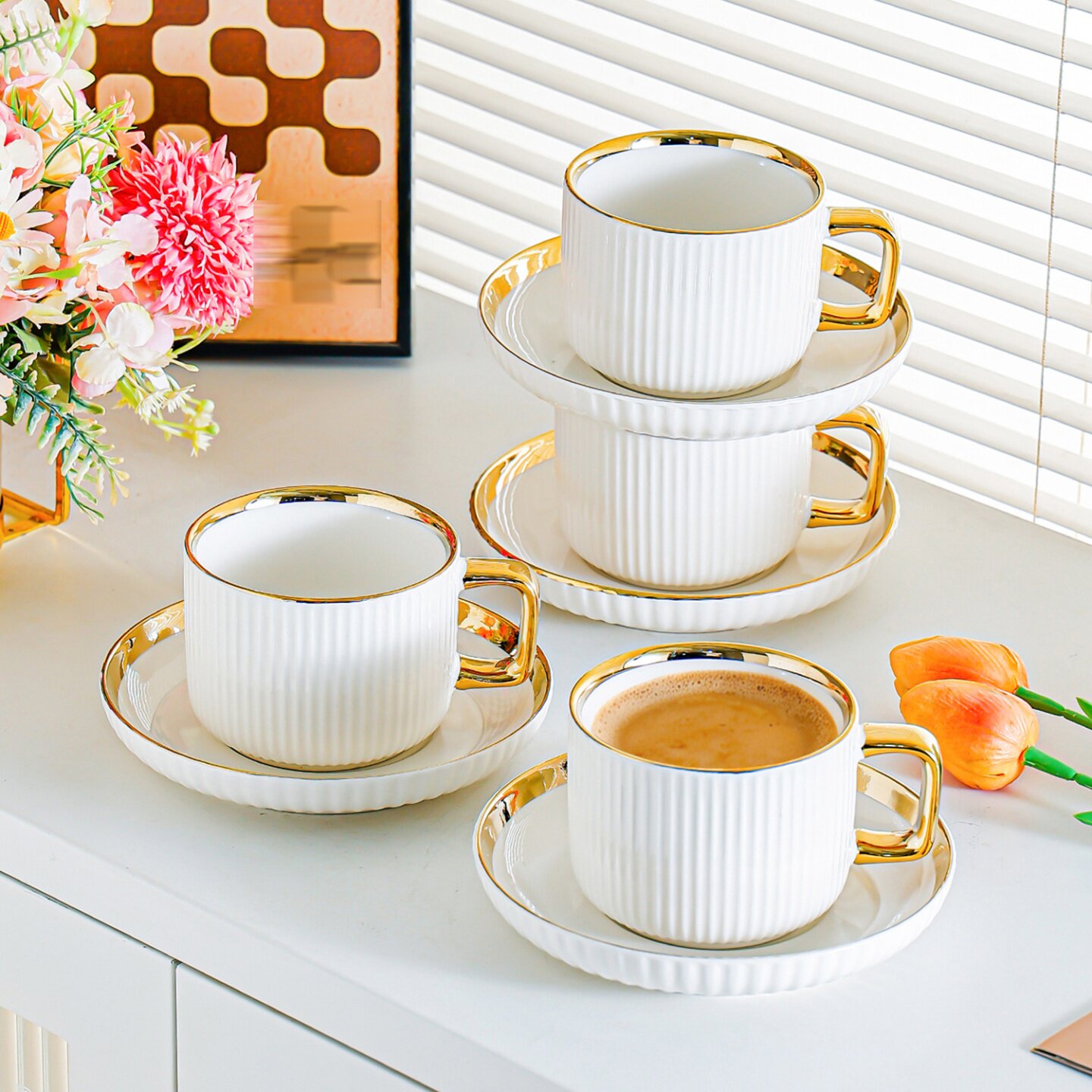 高档轻奢陶瓷下午茶咖啡杯碟勺套装家用办公室喝水杯碟组合茶杯