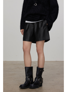 WITTYFOX时髦精Bi备率性酷飒造型感chao轻软糯小羊皮宽松短裤真皮