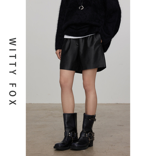 WITTYFOX时髦精Bi备率性酷飒造型感chao轻软糯小羊皮宽松短裤 真皮