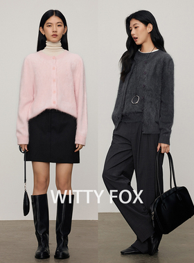 WITTYFOX柔肤之享100%山羊绒JI简水洗拉毛百搭针织开衫毛衣外套女