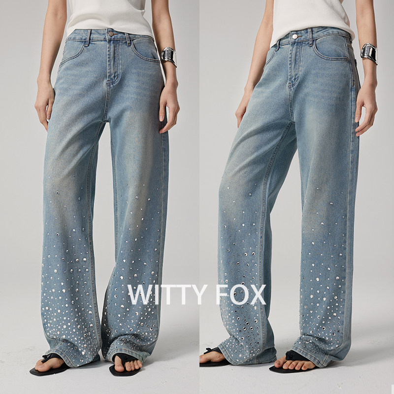 WITTYFOX烫钻工艺直筒牛仔裤