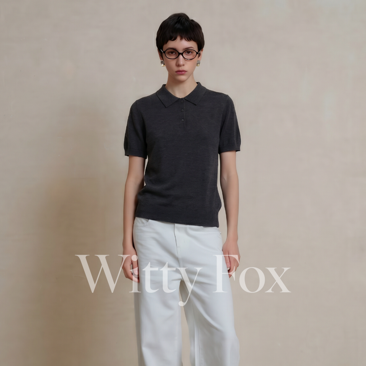 WITTY FOX 纯羊毛 Polo 衫女 miu 系轻绒质感修身针织短袖套衫