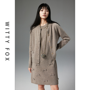 WITTYFOX时髦无龄感Miu风手工蝴蝶结羊绒羊毛针织开衫 外套连衣裙