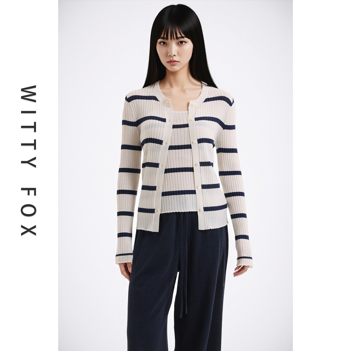 WITTYFOX羊毛真丝针织开衫条纹吊带二件套2025新款春秋装女装上衣