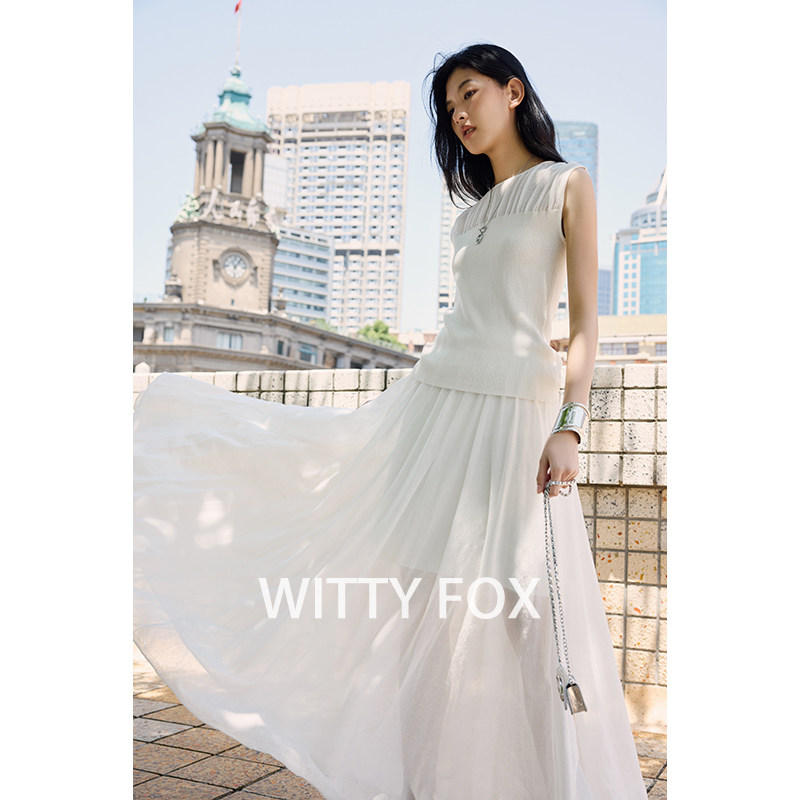 WITTYFOX薄纱微透呼吸感兰精天丝棉针织背心A字显瘦半身长裙套装