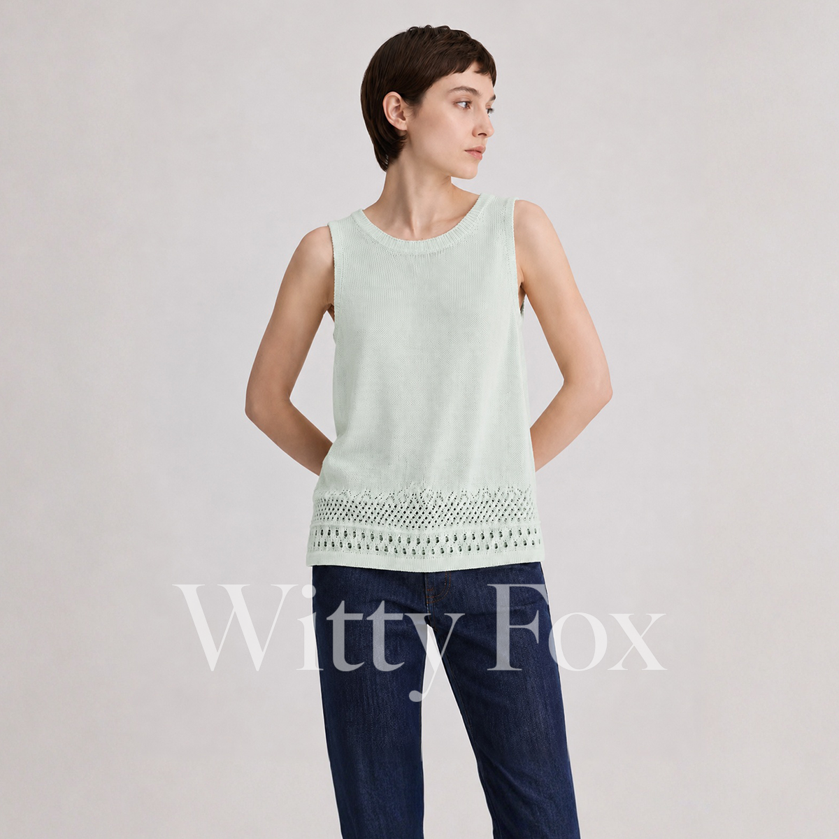 WITTYFOX和纸纱镂空针织背心女夏季凉感透气宽松圆领无袖打底上衣