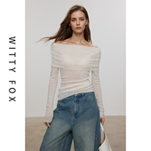 WITTYFOX水溶羊毛薄透时髦一字领宽肩大翻领针织打底衫 长袖 上衣