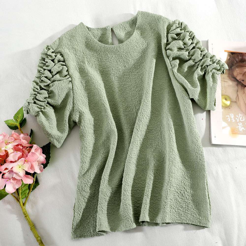 Chiffon fabric Korean round neck pleated Shirt Short Sleeve French design sense minority top student shirt