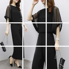 New Korean women's summer fashion celebrity two piece Chiffon Top High Waist Wide Leg Pants Suit