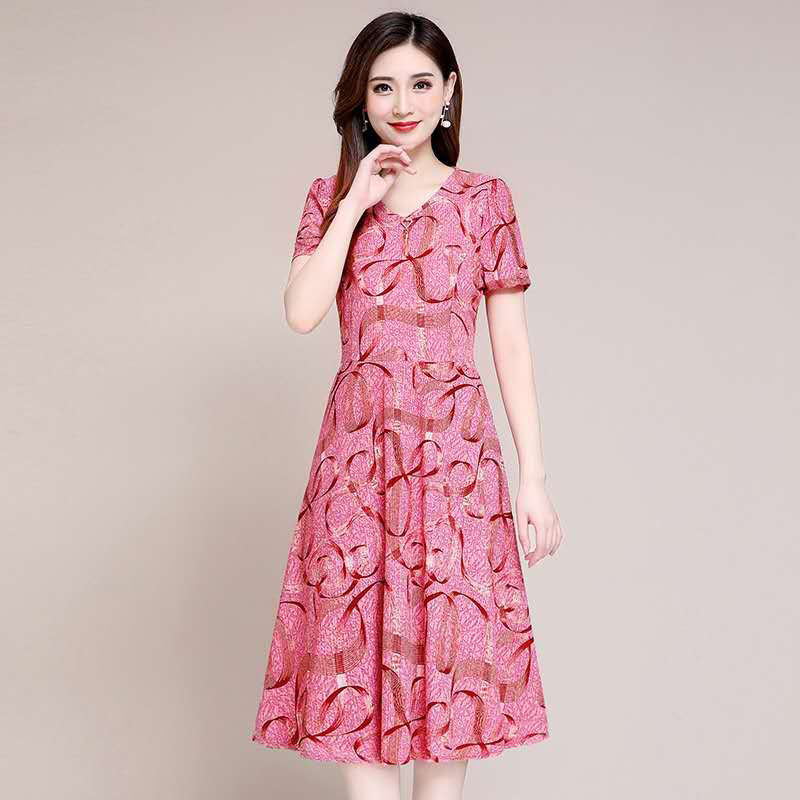 Mother's summer dress foreign style large size noble ice silk dress women's summer new style temperament cover belly show thin over the knee long skirt