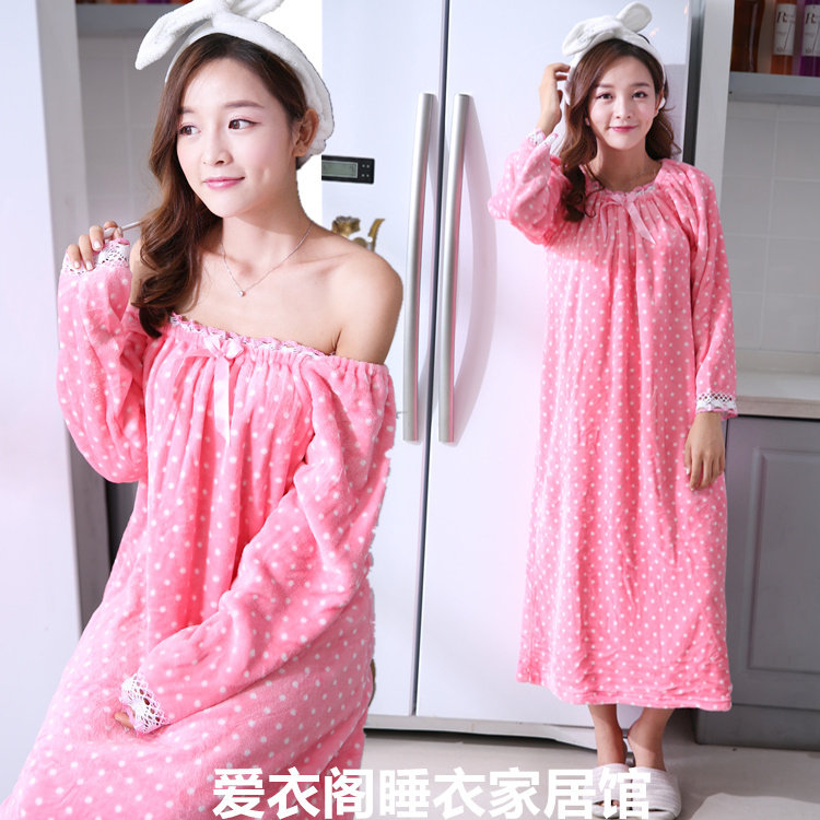 AUTUMN WINTER PLUS SIZE FLANNEL CORAL VELVET LONG SLEEVE EXTRA LONG LENGTH NIGHTDRESS DRESSES DRESSGOWNS FAT MM PREGNANT LOOSE PAJAMAS LOUNGEWEAR