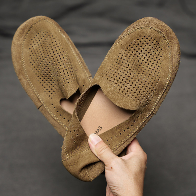 新款夏季凉鞋真皮透气软底轻便镂空休闲男款皮鞋套脚打孔洞洞鞋子