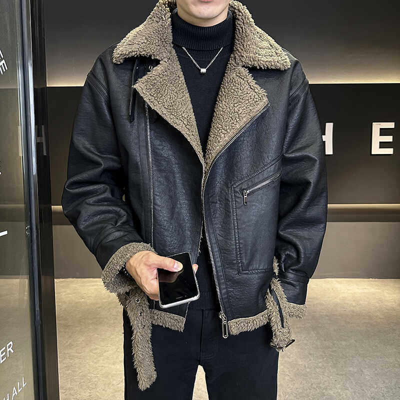 2024店主风羊羔绒pu皮衣帅气百搭夹克机车皮毛一体外套6238P198,男装夹克,星座615（原A358-1）