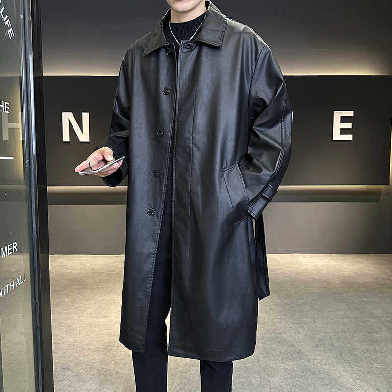木木2025秋冬男士长款休闲皮风衣保暖防水pu翻领皮衣7711p288，男装风衣，星座615（原A358-1）