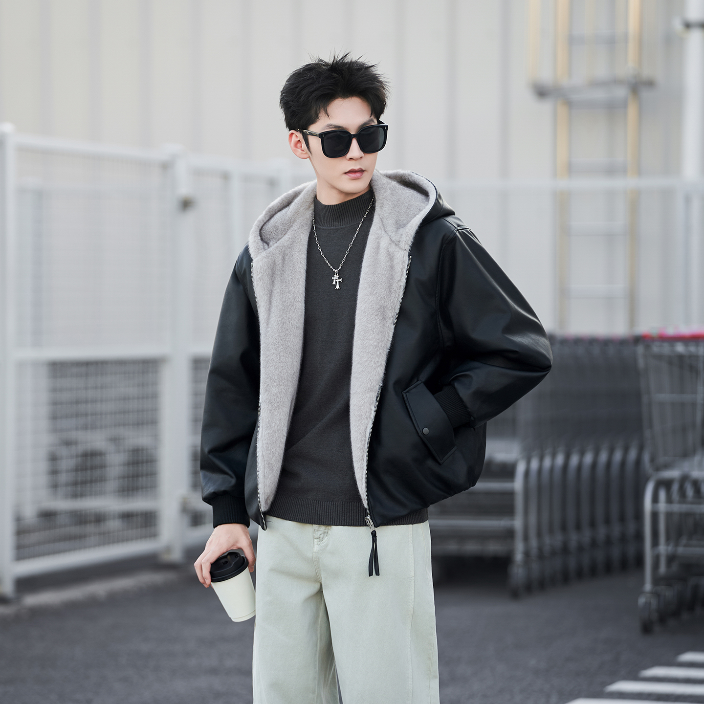 新款美式皮衣复古连帽双面穿皮衣男加厚黑色外套冬季8818P200，男装皮衣，星座615（原A358-1）