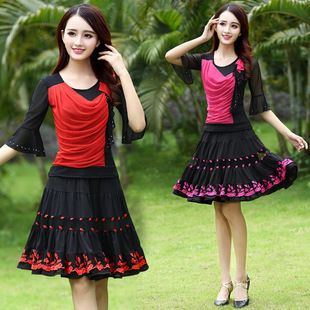 中老年舞蹈网纱上衣中袖 套装 演出服女跳舞短大摆裙 新款 广场舞服装