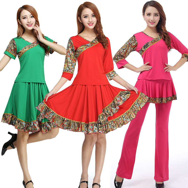 广场舞服装新款套装牛奶丝跳舞裙裤中老年演出服上衣藏族舞蹈短裙