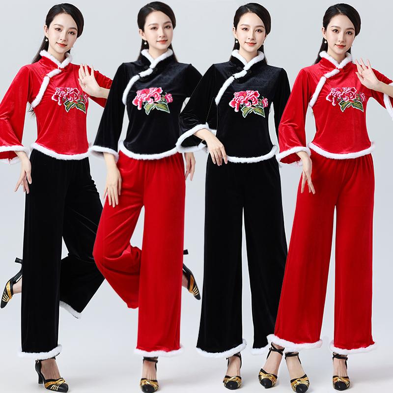 金丝绒广场舞套装毛边绣花舞蹈衣