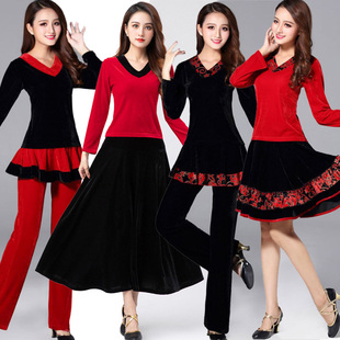 金丝绒舞蹈上衣长袖 套装 春秋中老年健身操跳舞套裙 新款 广场舞服装