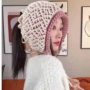 冬季新款针织女士时尚手工针织帽百搭防寒防风包头包脸空顶帽子