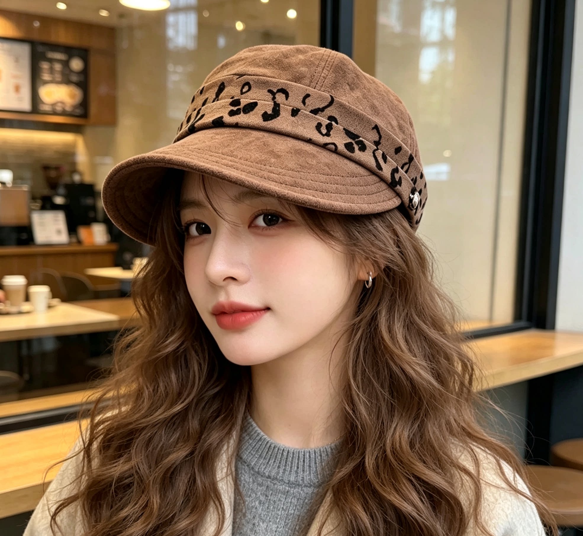 复古豹纹麂皮绒鸭舌帽子女秋冬季百搭宽檐显脸小渔夫帽保暖马术帽