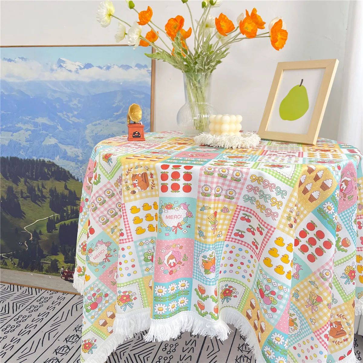 流苏花边ins风桌布少女心卡通碎花圆桌方桌学生书桌垫网红绒布艺